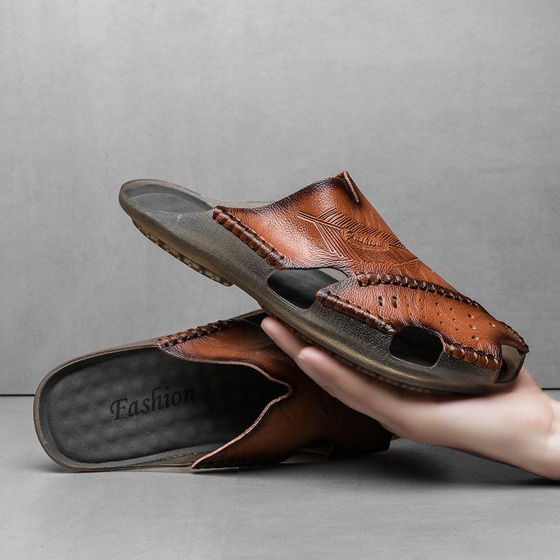 

Лето 2024 года, популярные мужские тапочки большого размера, мягкая подошва из натуральной коровьей кожи, легкие повседневные пляжные сандалии 48