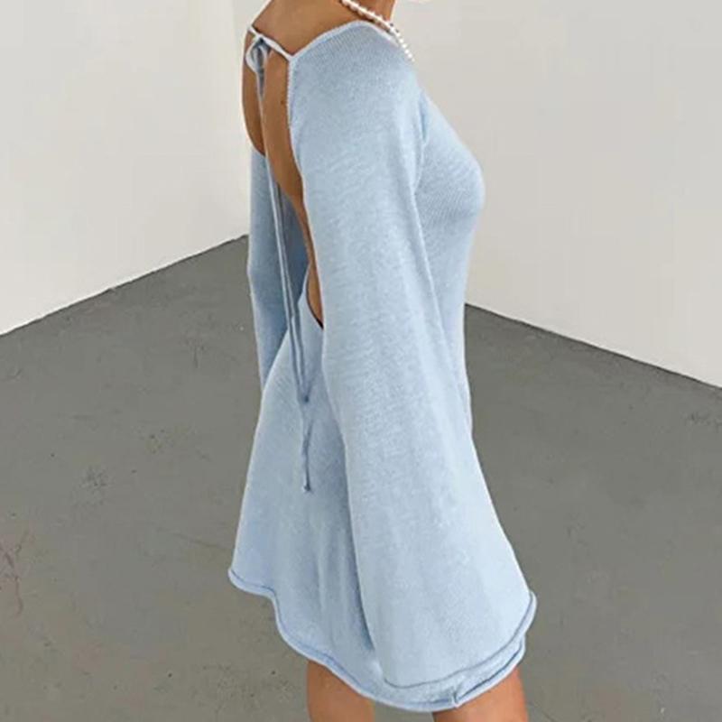 New Sexy Backless Round Collar Cover-Ups Solid Color Knit Beachwear Stylish Horn Sleeve Beach Suit Female Holiday Wrap Dress