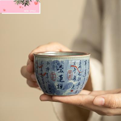 110ml Jingdezhen Old Pottery Clay Teacup Antique Blue And White Master Cup Tasting Tea Bowl Cylinder Cup Mugs Kung Fu Tea Set
