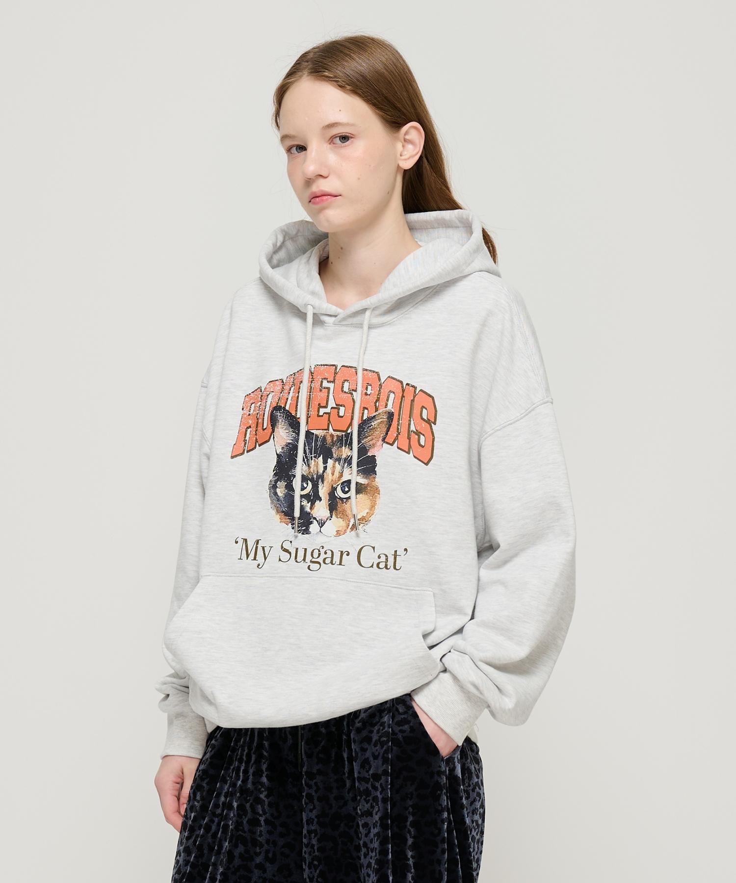 Road Road Ravi Cat Print Hoodie (White Melange) White Melange/Fleece Lined M