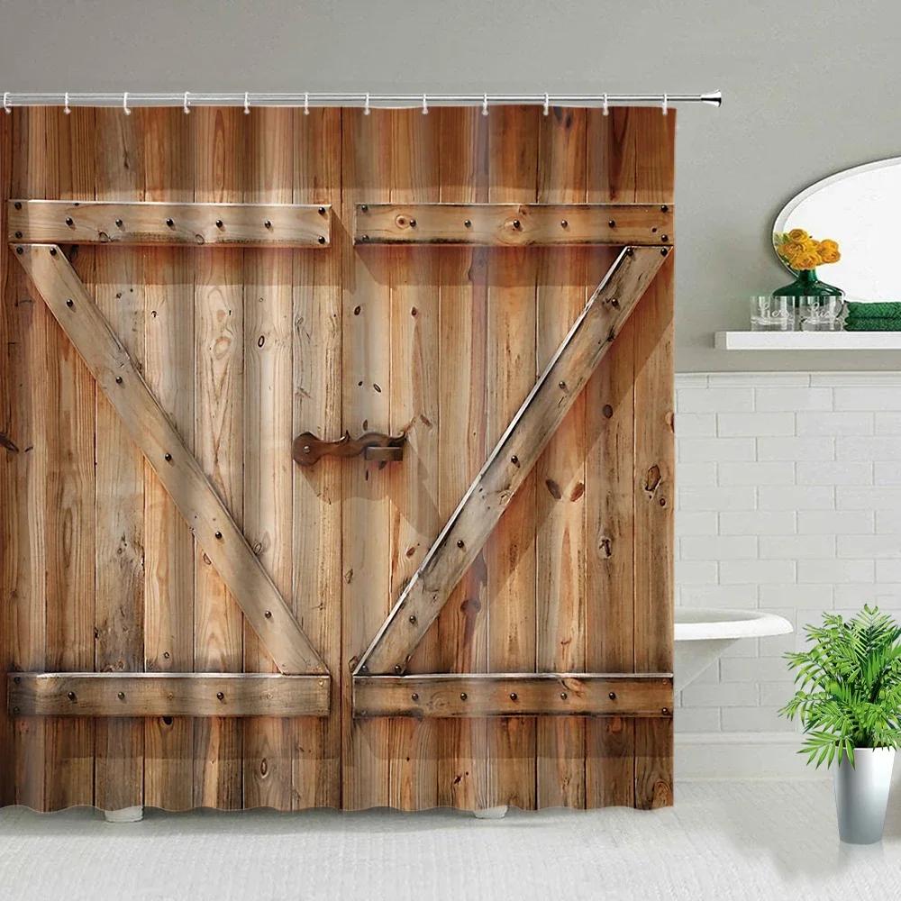 Retro Wood Doors Shower Curtain Set Rustic Old Vintage Barn Door Fabric Bathroom Curtains Farmhouse Bath Decor Bath Screens Ho