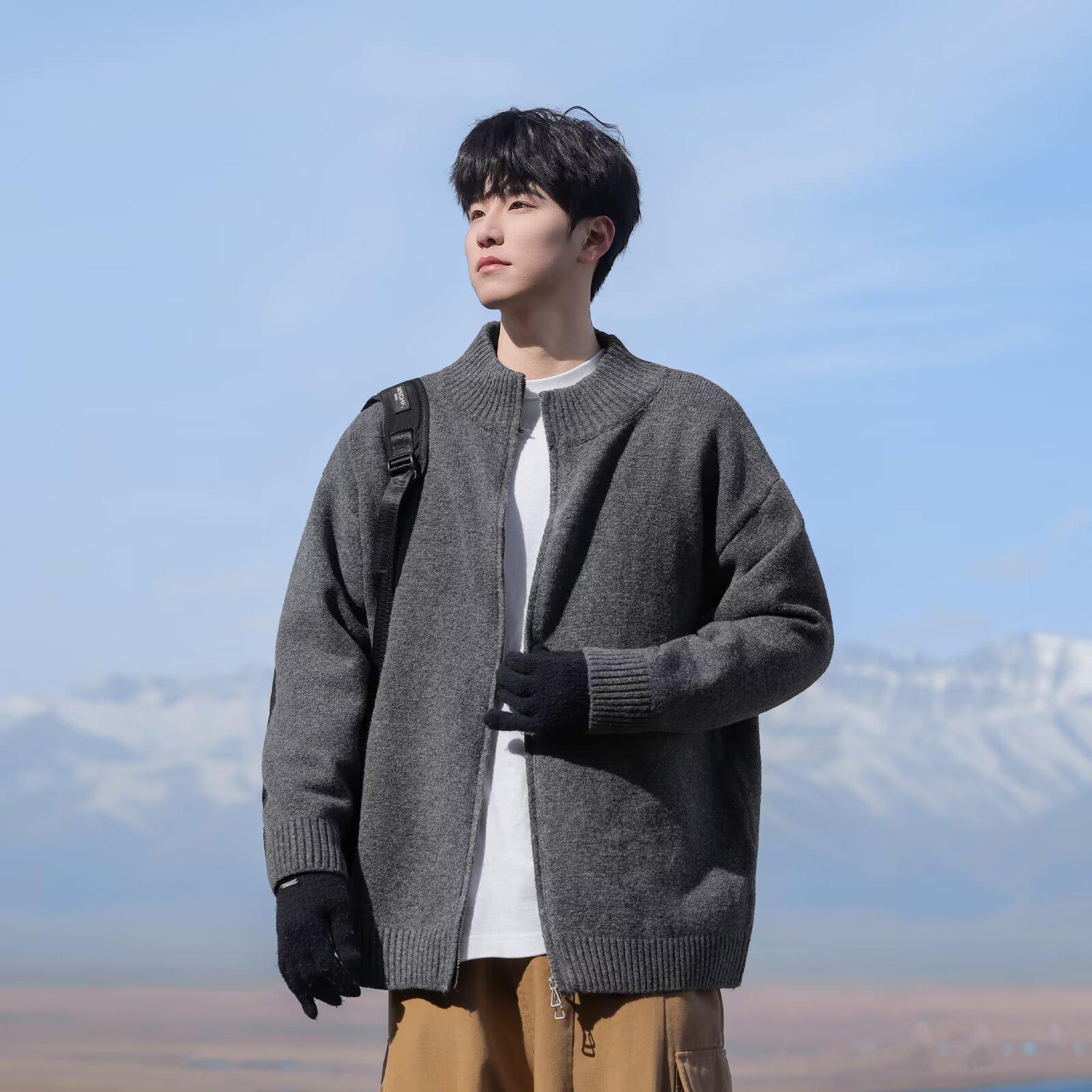 

Japanese Men s Double Zipper Cardigan - Casual Stand Collar Knitwear for Autumn/Winter 2XL темно-сірий