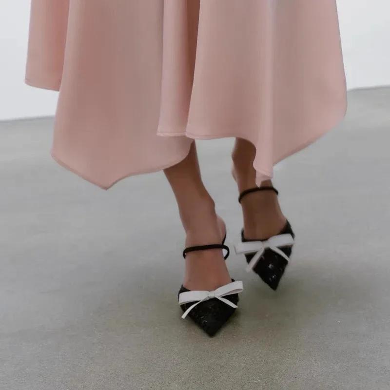 Brand Designer Heels for Women Fashion Pointed Toe Mesh Bling Bow Summer Sandals Elegant Banquet Back Strap Party Shoes Ladies