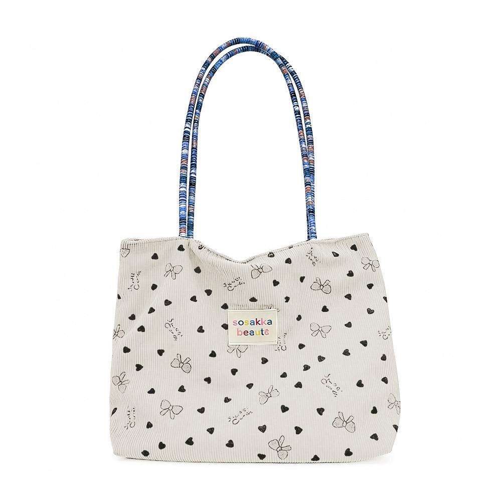 

Corduroy Shoulder Bag Large Capacity Tote Bag Heart-patterned Canvas Bag Commute Bag Shopping Bags For Women Daily use бежевый
