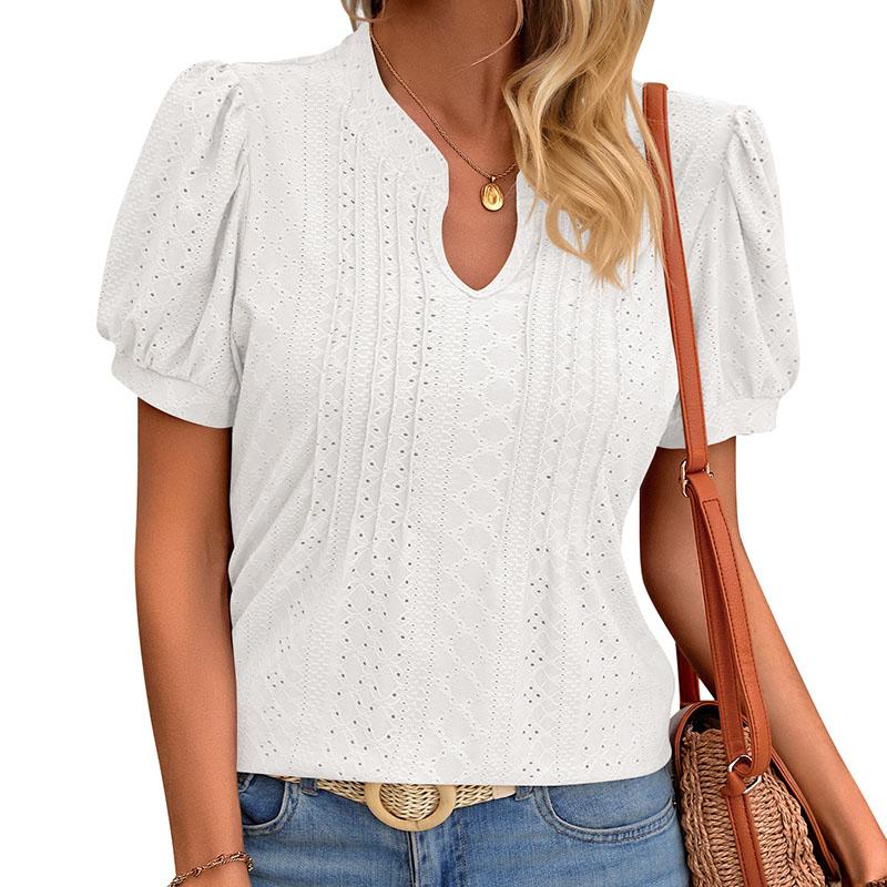 

Женская летняя футболка с коротким рукавом и V-образным вырезом, дышащий однотонный пуловер, топ L белый