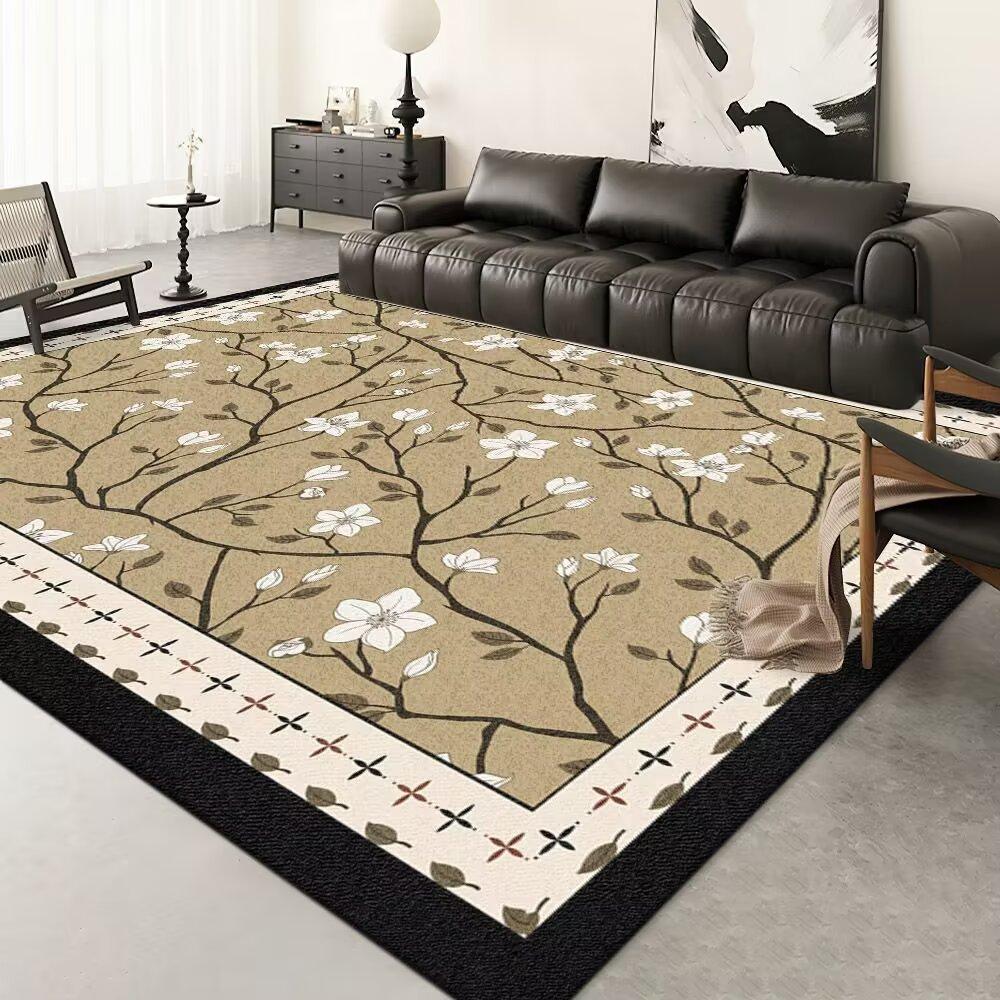 Modern Floral Carpet Mat Rug Black White Vine Pattern with Geometric Border Soft Floor Mat for Living Room Home Decoration