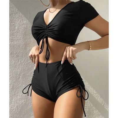 Lace Up Short Sleeve High Waist Bikini Female Swimsuit Women Swimwear Two-pieces Bikini Set Bather Bathing Suit KTB