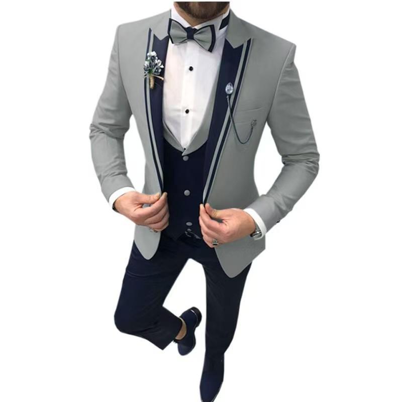 

3 Pieces Made Men Suits Dark Gray Groom Tuxedos Peak Lapel Groomsmen Set Wedding 5XL