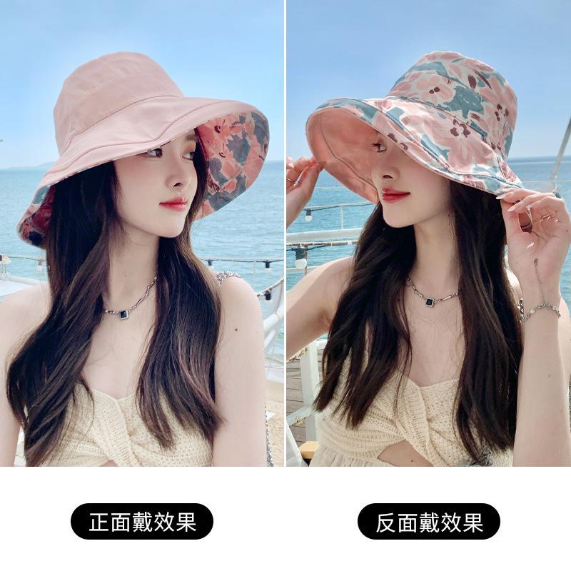 Flower bucket hat women's spring and summer sunscreen sunshade UV protection casual big eaves cover face big head circumference double basin hat
