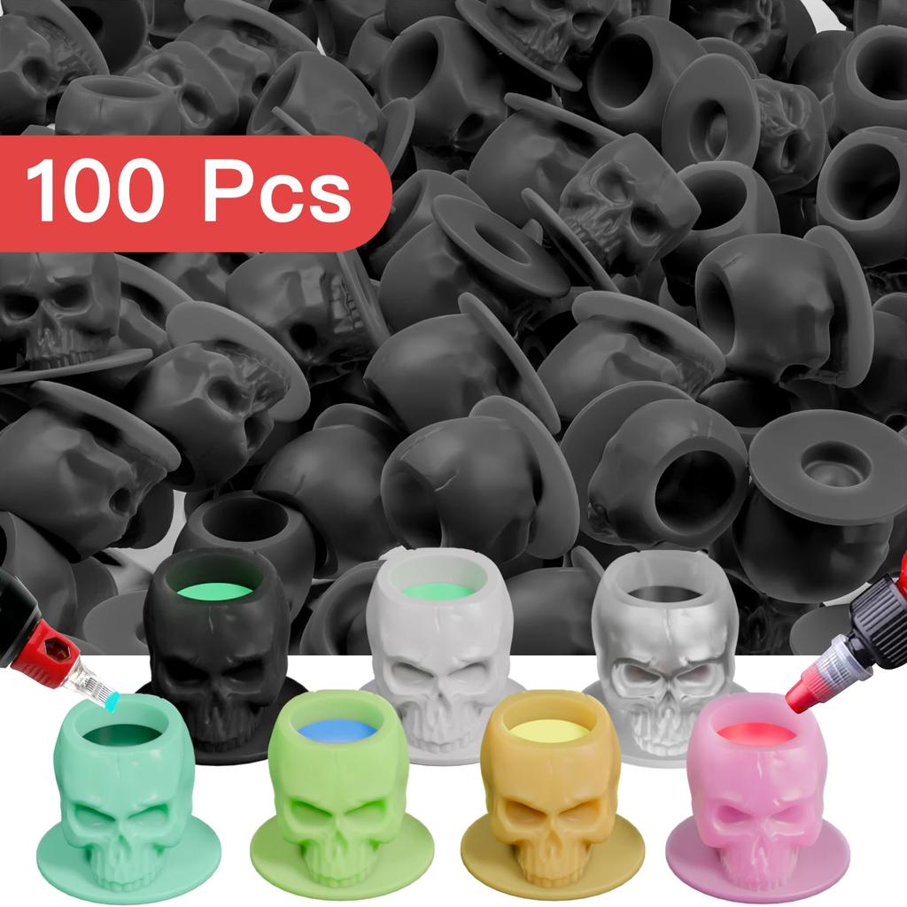 100PCS Tattoo Ink Cup Skull Disposable Silicone Tape Base Plastic Permanent Makeup Tattoo Pigment Cup Tattoo Accessories