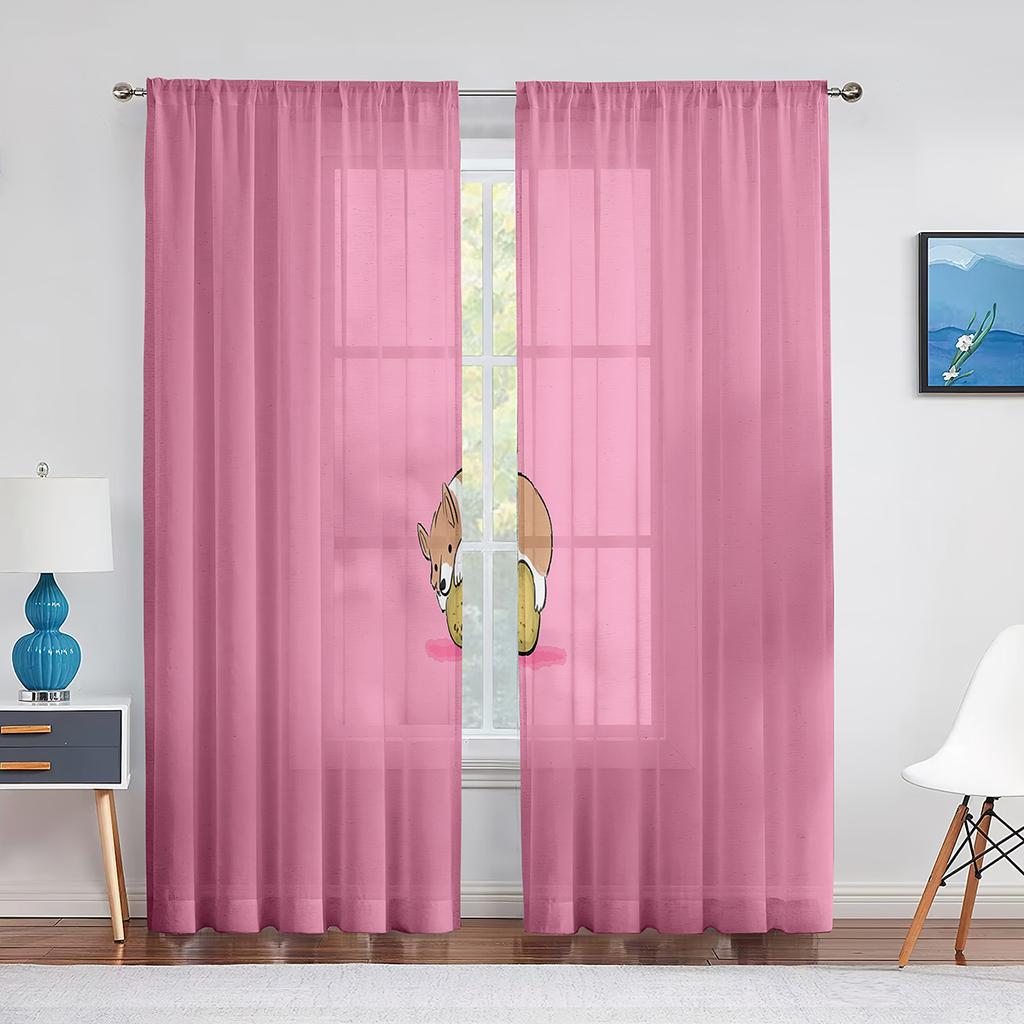 Corgi In The Flower Field Puppy Dog Sheer Curtains Window Treatment for Kitchen Living Room Bedroom Decor Modern Tulle Curtains