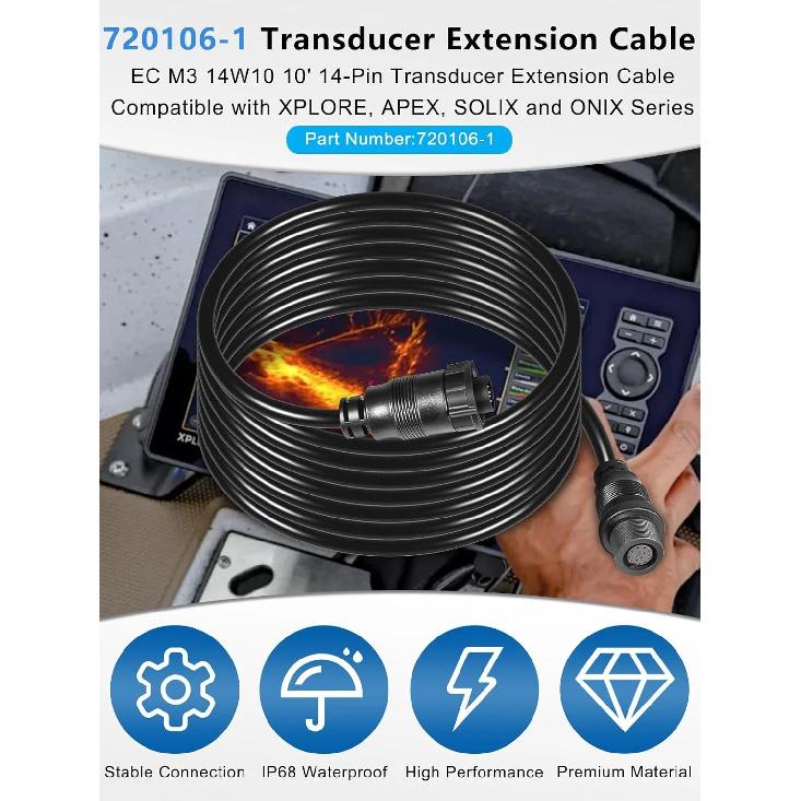 720106-1 EC M3 14W10 Transducer Extension Cable 14-pin Fit for Humminbird APEX XPLORE SOLIX and Onix Series Fish Finders