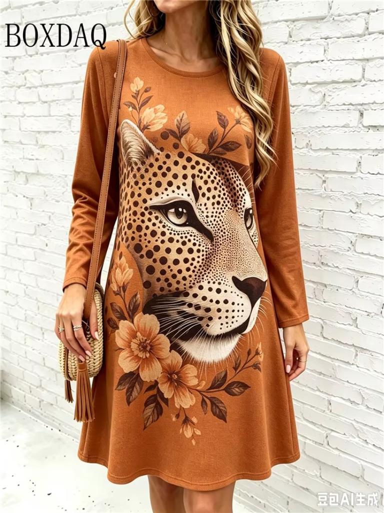 2026 Women's Fashion Dresses Women's Polka Dot Leopard Print Dress Loose Pullovers Casual Autumn Long Sleeve Home A-Line Dress