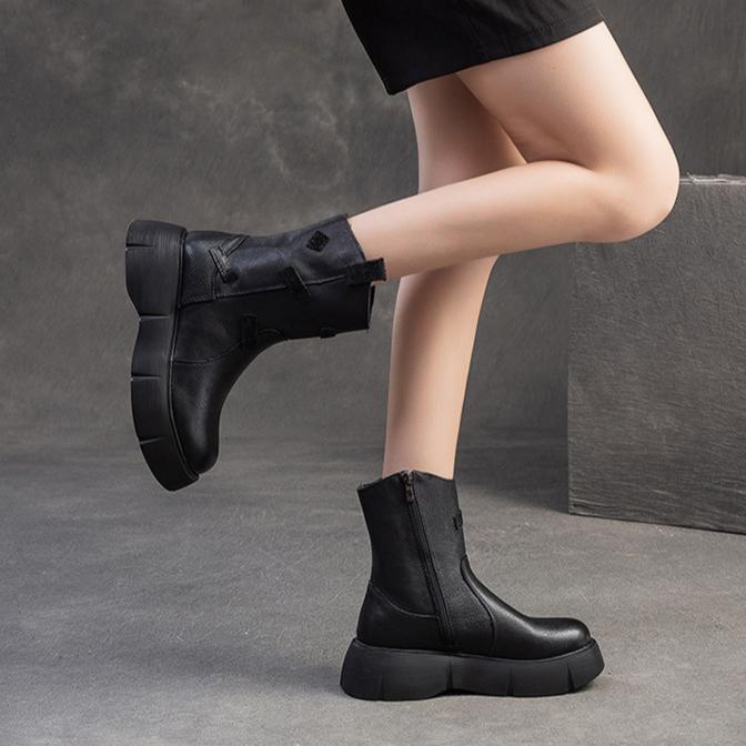 Johnature British Style Thick Soled Genuine Leather Mid-calf Boots Versatile Women's Flat Platform Shoes
