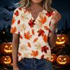 Women's Casual V-Neck Short Sleeve T-Shirt with Fall Leaves Print and Button