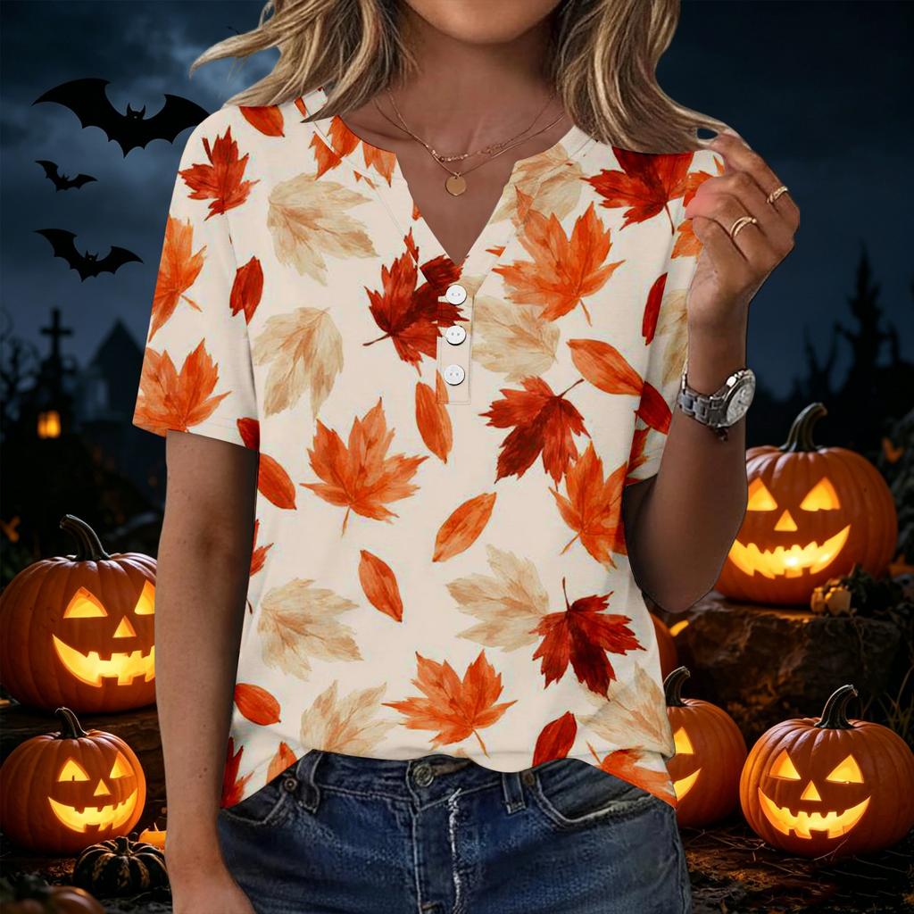 Women's Casual V-Neck Short Sleeve T-Shirt with Fall Leaves Print and Button