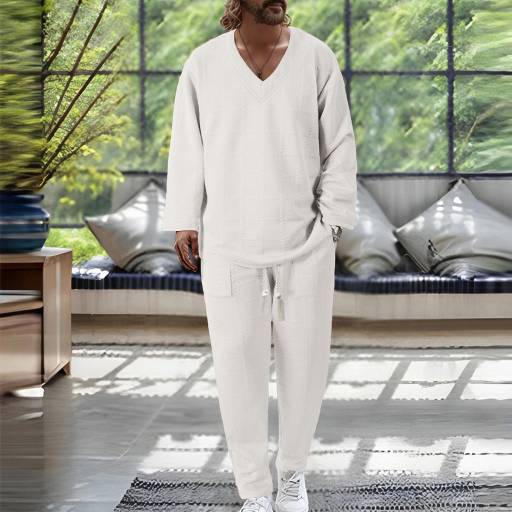 Męski casualowy zestaw sportowy z koszulą z długim rękawem zapinaną na guziki ze stójką i długimi spodniami