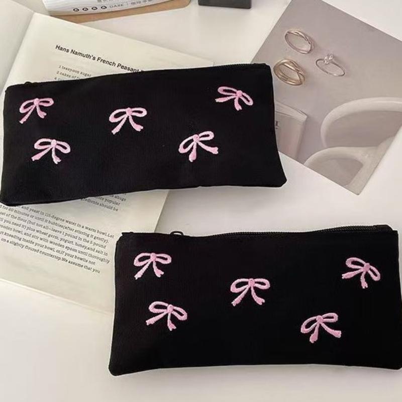 Large Capacity Stationery Bag Bow Embroidered Zipper Portable Pencil Pouch for Students Weekend Tutoring Class Use
