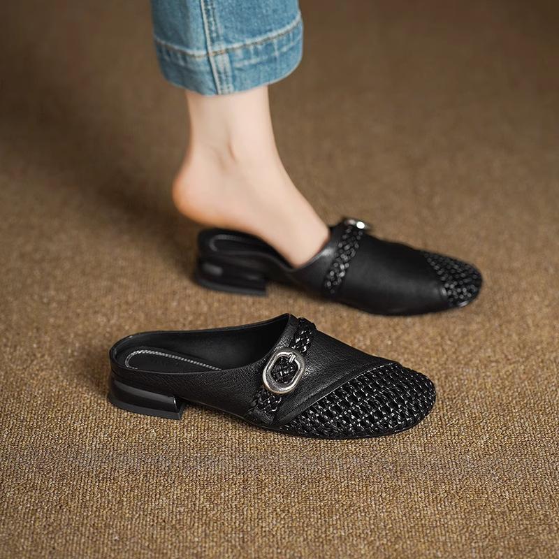 3Cm Thick Heel Leather Hollow Roman Bag Head Half Slippers Women's Outer Wear 2025 New Woven Mary Jane Mill Shoes