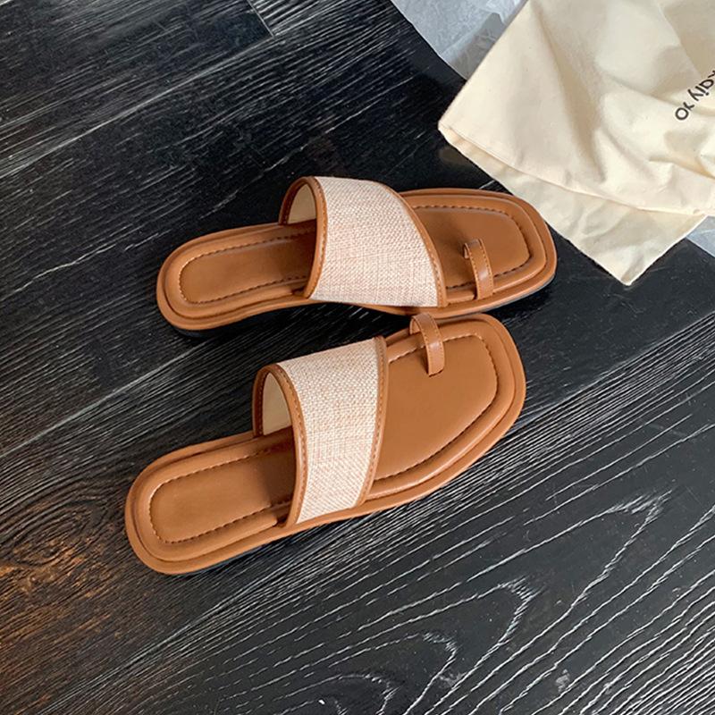 Grape Mother Studiolee Casual Summer Square Head Toe Straw Splicing Flat Bottom Slippers Women 2025 New