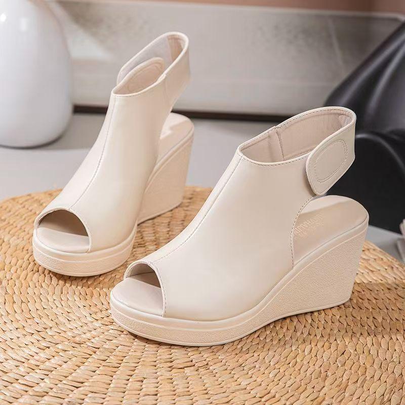 Neue Damen-Sommer-Keilsandalen aus Leder mit offener Zehenpartie, dicker Sohle, rutschfest, leicht, modisch, mit Klettverschluss und hohem Absatz, moderne Sandalen