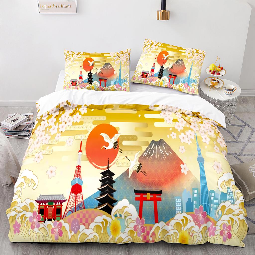 Ukiyo-e Duvet Cover Set King Queen Full Size  Theme Wave Pattern Polyester Bedding Set Fuji Mountain Exotic Abstract Style