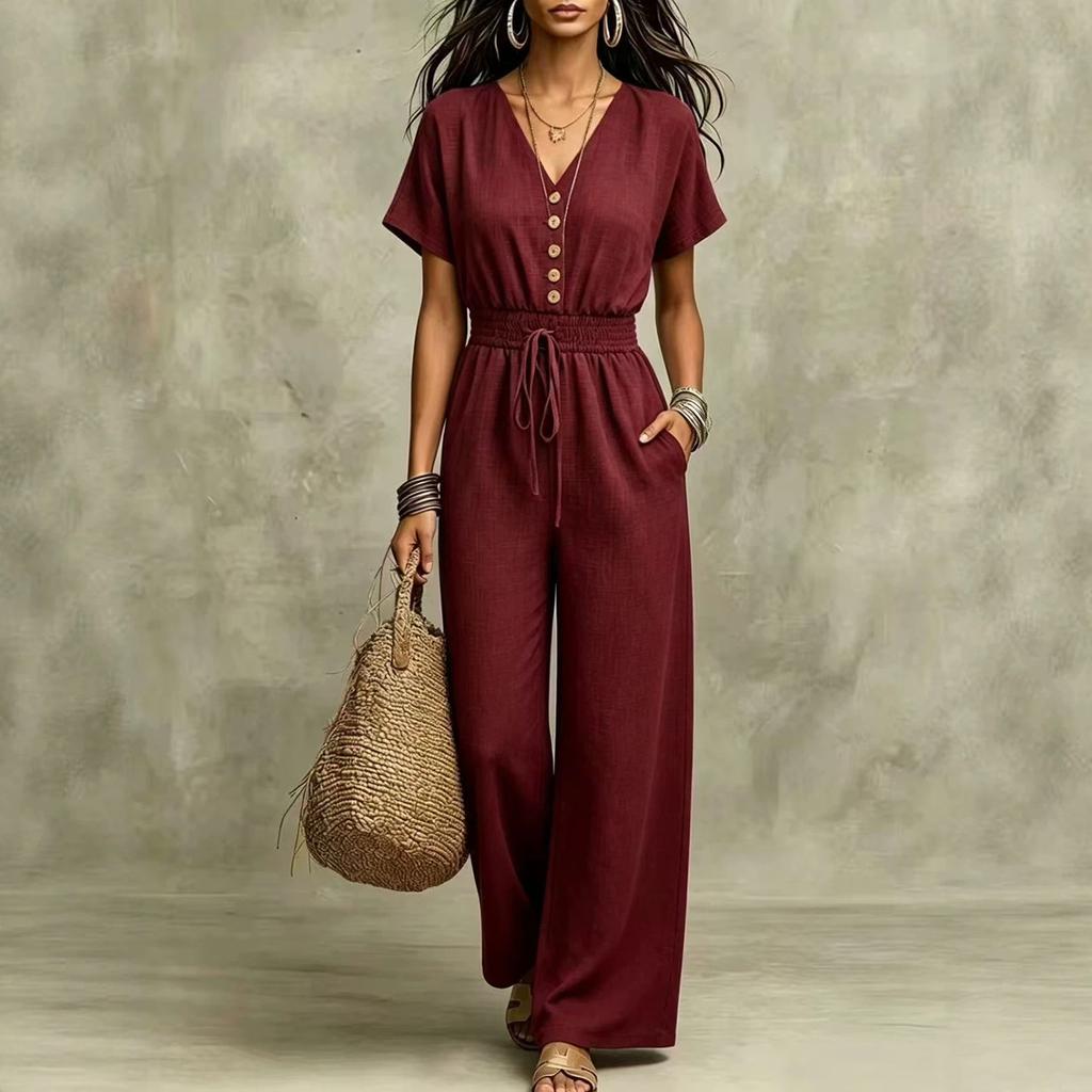 Women's V Neck Button Front Waist Belted Jumpsuit for Casual Wear