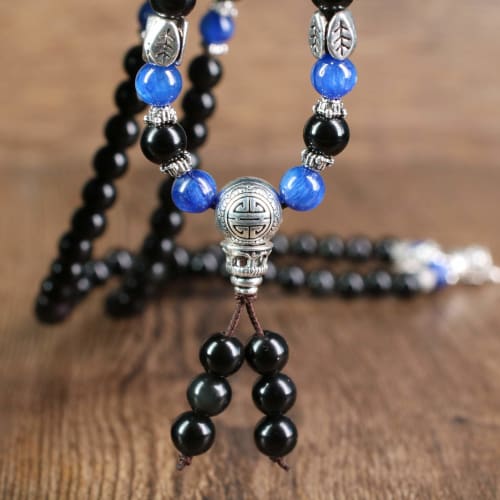 COAI 108-Bead Bracelet/Necklace with Obsidian and Kyanite, a Power Stone Prayer Beads for Wish-Fulfillment, Suitable for Men and Women, No Wrist Size