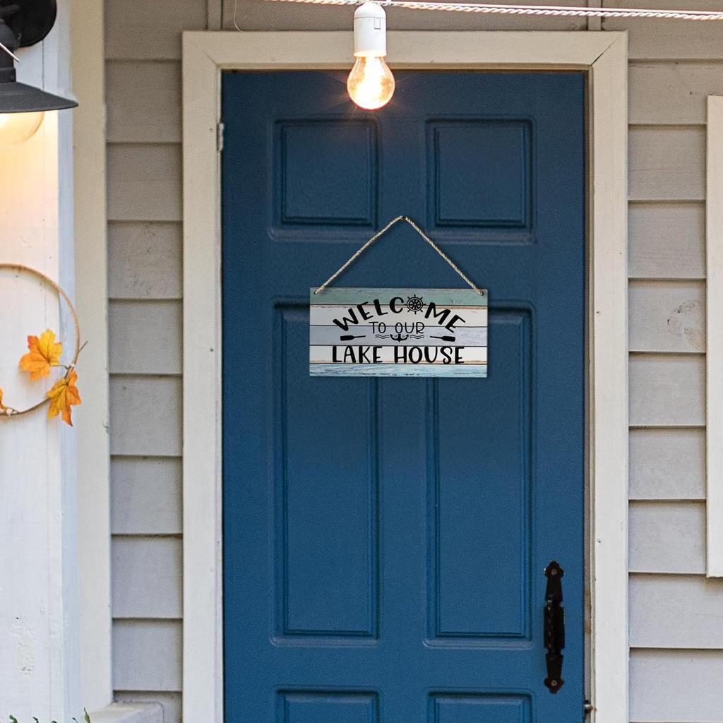 Welcome To Our Lake House Farmhouse Printed Wood Plaque Sign Wall Hanging,Rustic Hanging Wall Signs for Lake House Summer Home Decor 12 X 6 Inches