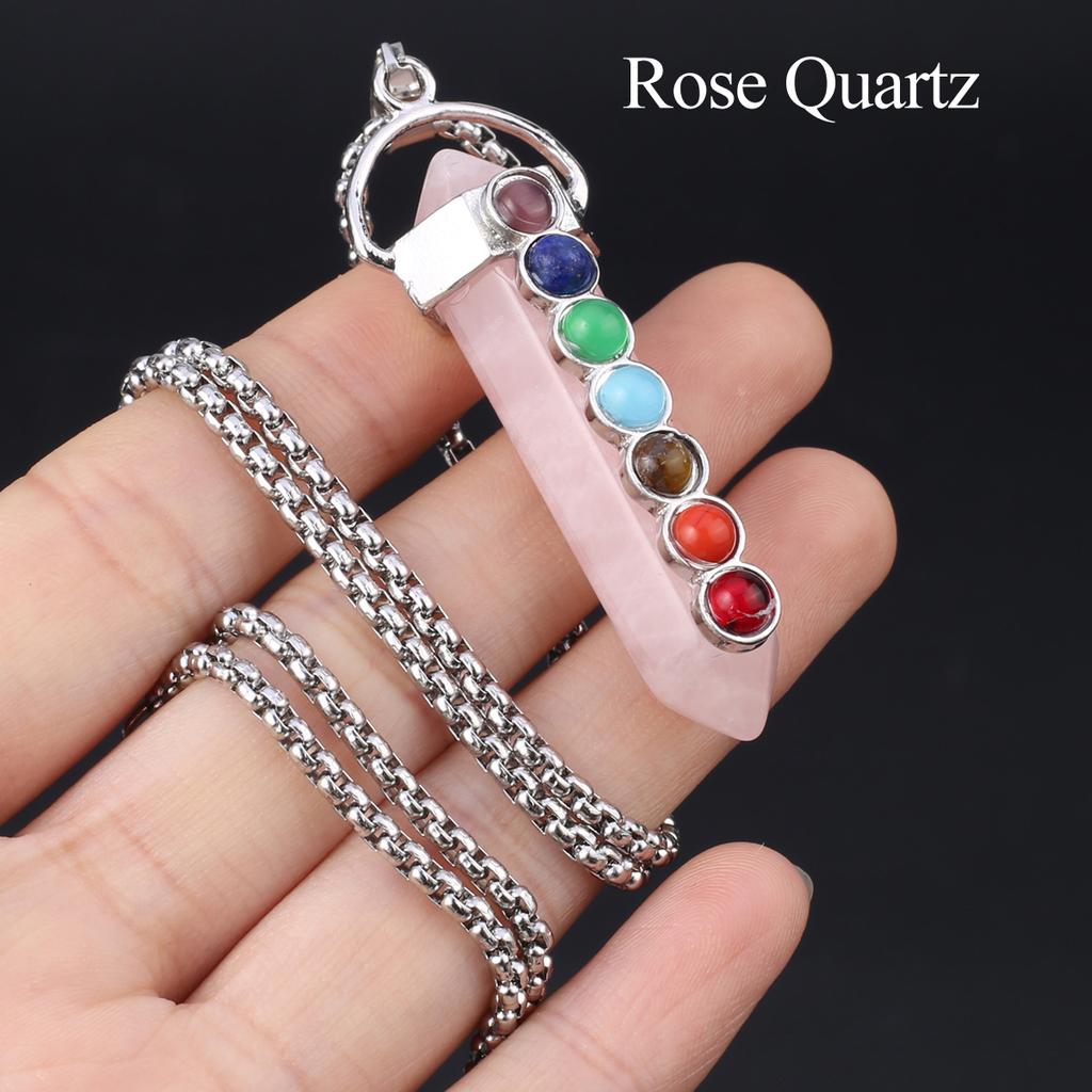 1Pc, Spiritual Healing Crystal Pendant Necklace, Geometric Double-pointed Hexagonal Pyramid Inlaid Seven Chakra Gems Charms Necklaces for Women Men