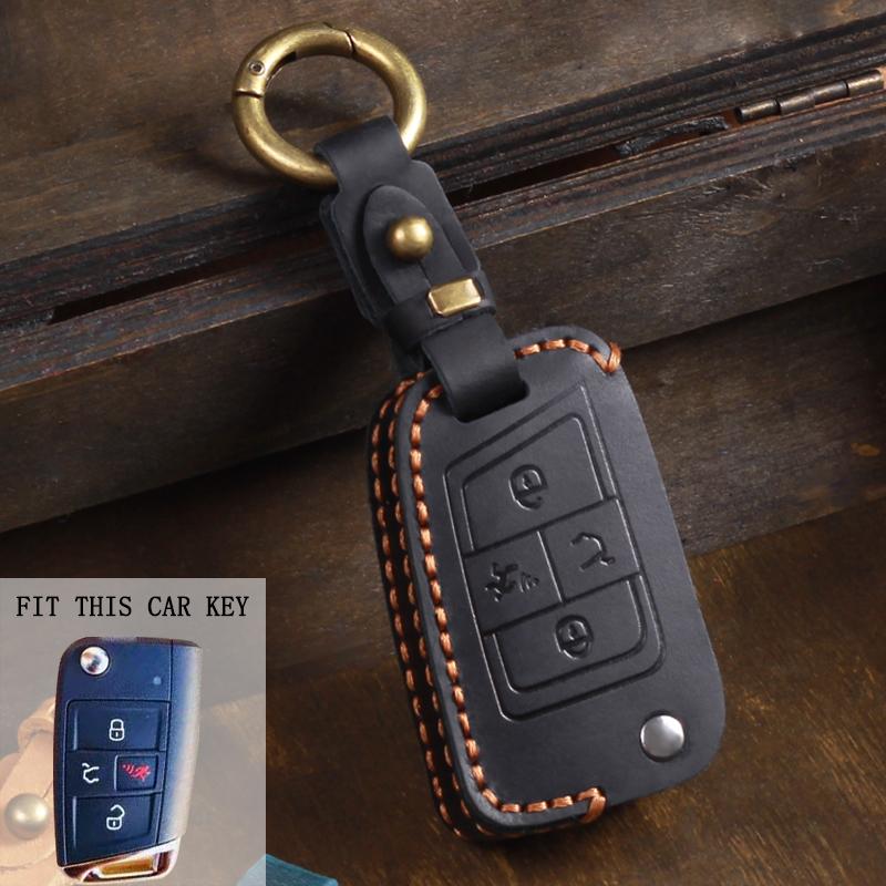 Leather Car Key Case For Vw Volkswagen Golf Vii Mk7 Gti Jetta 4 Buttons Flip Keychain Hoder Remote Control Fobs Protector Cover