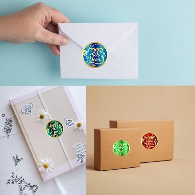 Round Labels Sticker Happy New Year Sticker Round Gold Foil Stamping Labels Self-Adhesive Sticker Labels
