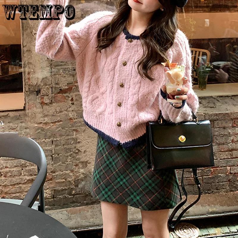 WTEMPO Women's Long Sleeve Short Cardigan Loose Casual Crop Knitted Sweater Crewneck Fall Winter Ladies Button Down Knitwear