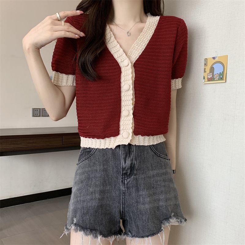 Blue Short Sleeved Knitted Sweater Women's Summer Thin Cardigan Design Sense Short Knitted Top