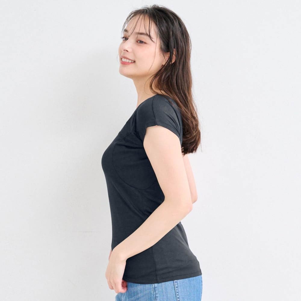 Belle Maison Inner Wide French Cotton Cool to the 2025 Size M Women's Sweat-Absorbing Shirt, Neck, Sleeves, Blend, Touch, Salarist, Model, Greige,