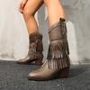 Spring & Autumn New Pointed Toe Studded Tassel Soft Sole Non-Slip Western Mid-Leg Boots Side Zip Block Heel Knight Boots
