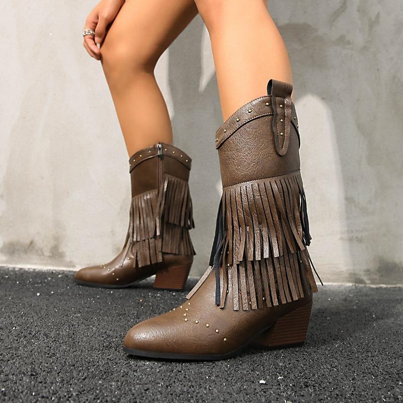 Spring & Autumn New Pointed Toe Studded Tassel Soft Sole Non-Slip Western Mid-Leg Boots Side Zip Block Heel Knight Boots