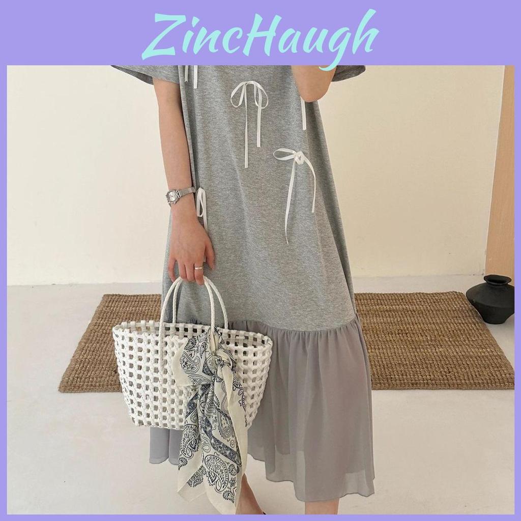 Summer Elegant Knit Dress With Puff Sleeve And Splicing For Casual Wear