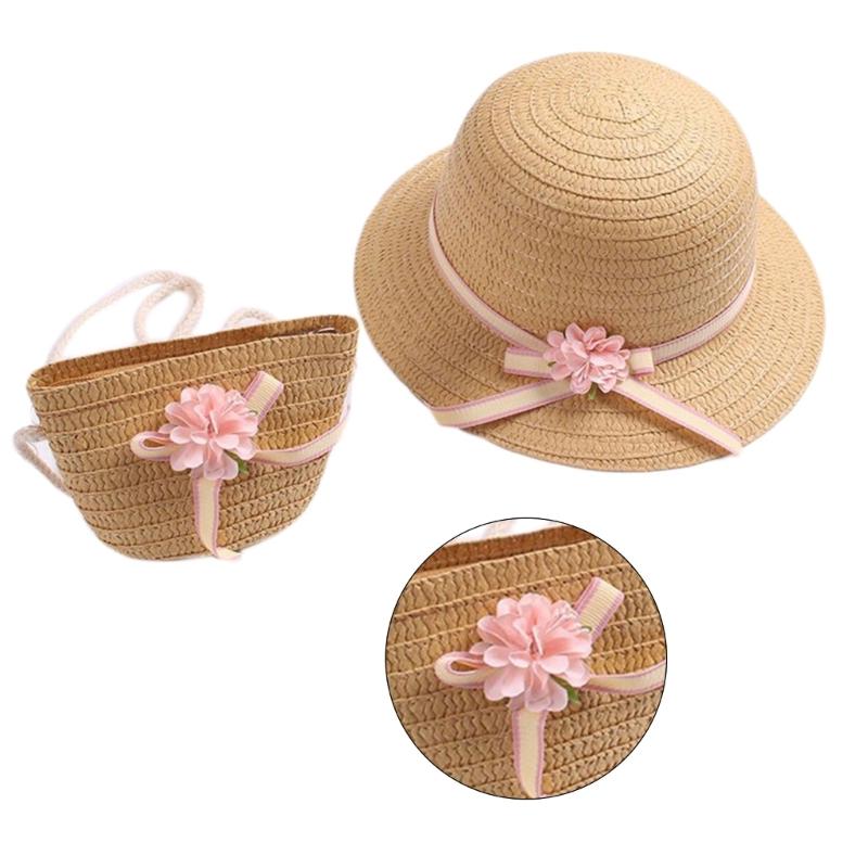 Sun Straw Hat Kids Girls Large Wide Brim Travel Beach Cap Sweet Flower Bowknot Sun for Protection Hat with Shoul