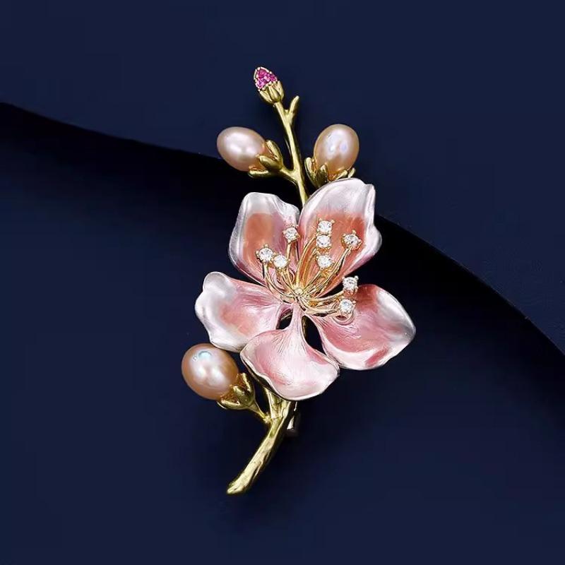 Chinese-style Peach Blossom Brooch, High-end Women's Exquisite Pearl Peach Blossom Brooch, Niche Design Sense Brooch