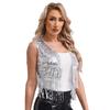 Damen 70er Jahre Disco Cowgirl Weste S-XL: Glänzende Pailletten-Weste mit Fransen, Offene Vorderseite, Vintage Western Party Kostüm
