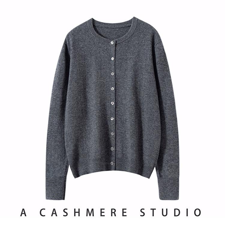 2026 Autumn Women's 100% Cashmere Round Neck Cardigan - High-End Long Sleeve Knit Short Jacket Top