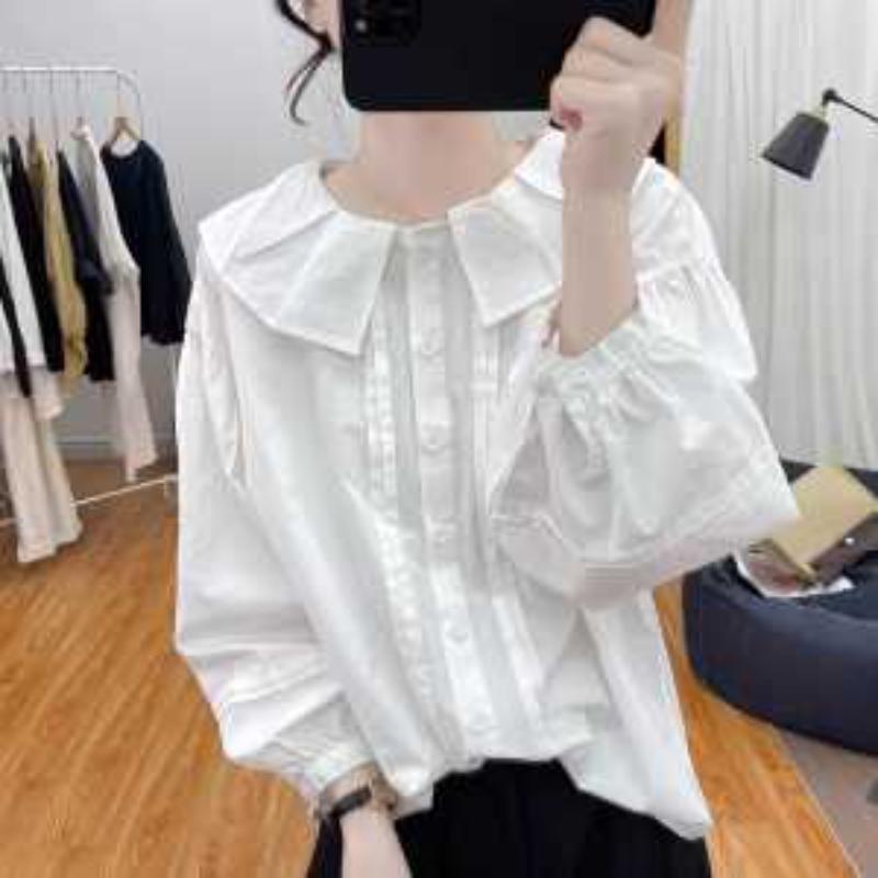 

Блузка с воротником Питер Пэн из чистого хлопка свободного кроя с рукавами-фонариками и длинным рукавом женская осенняя в стиле ретро молодежная топ базовая рубашка L белый