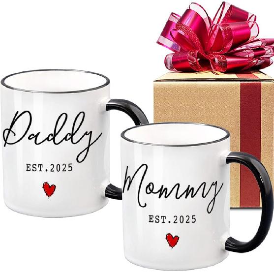 EST 2025 New Daddy & Mommy Coffee Mugs Set of 2, First Time Mommy Daddy Gift Prospective Parents Mugs Gift, EST 2025 Valentine's Day New Parents