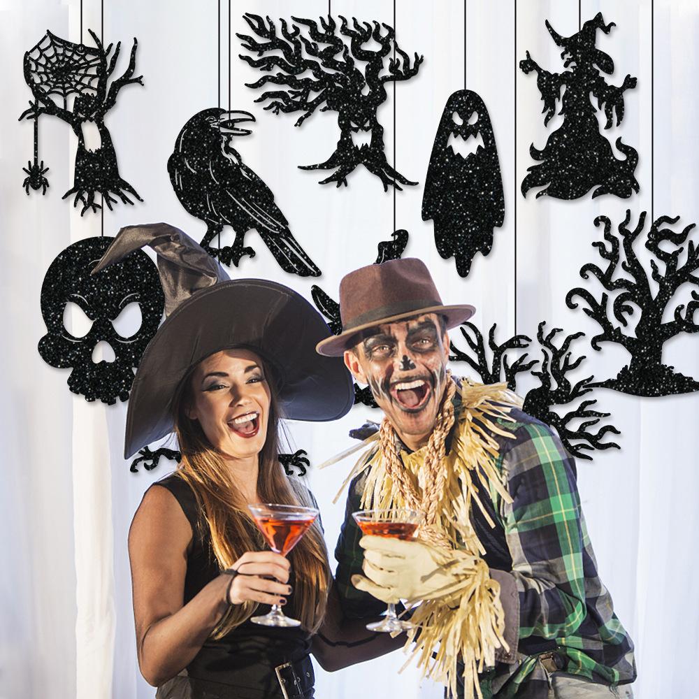 10pcs/set Halloween Hanging Banner Garland Scary Spider Witch Ghost Bat Pendant Ornament Happy Halloween Party Home Decorations