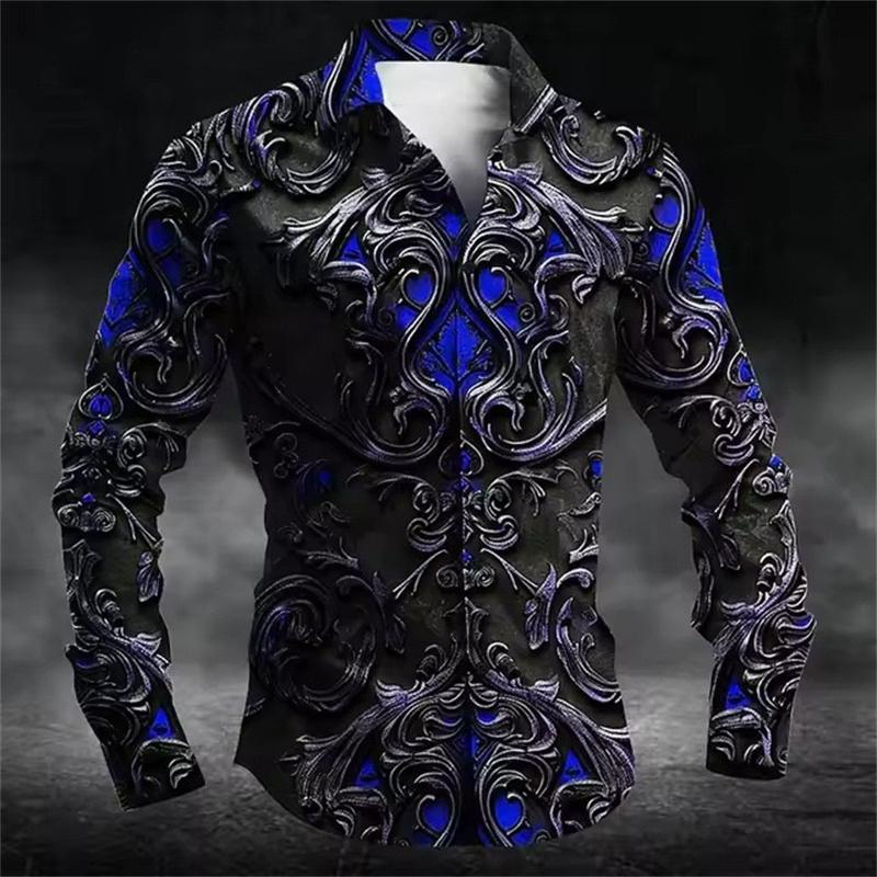 Men's Fashion Retro Textured Print Shirt, Long-Sleeve Lapel Outdoor Street Style Trendy Versatile Men's Top