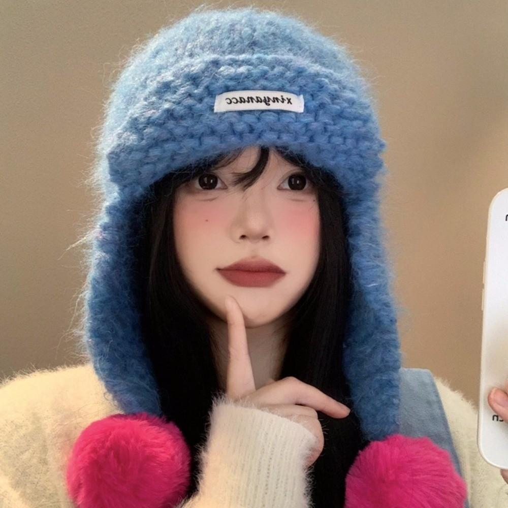 Sweet Women Knitted Cap Fluffy Pom-pom Ear Protection Caps Trendy Warm Beanie Hats  Outdoor