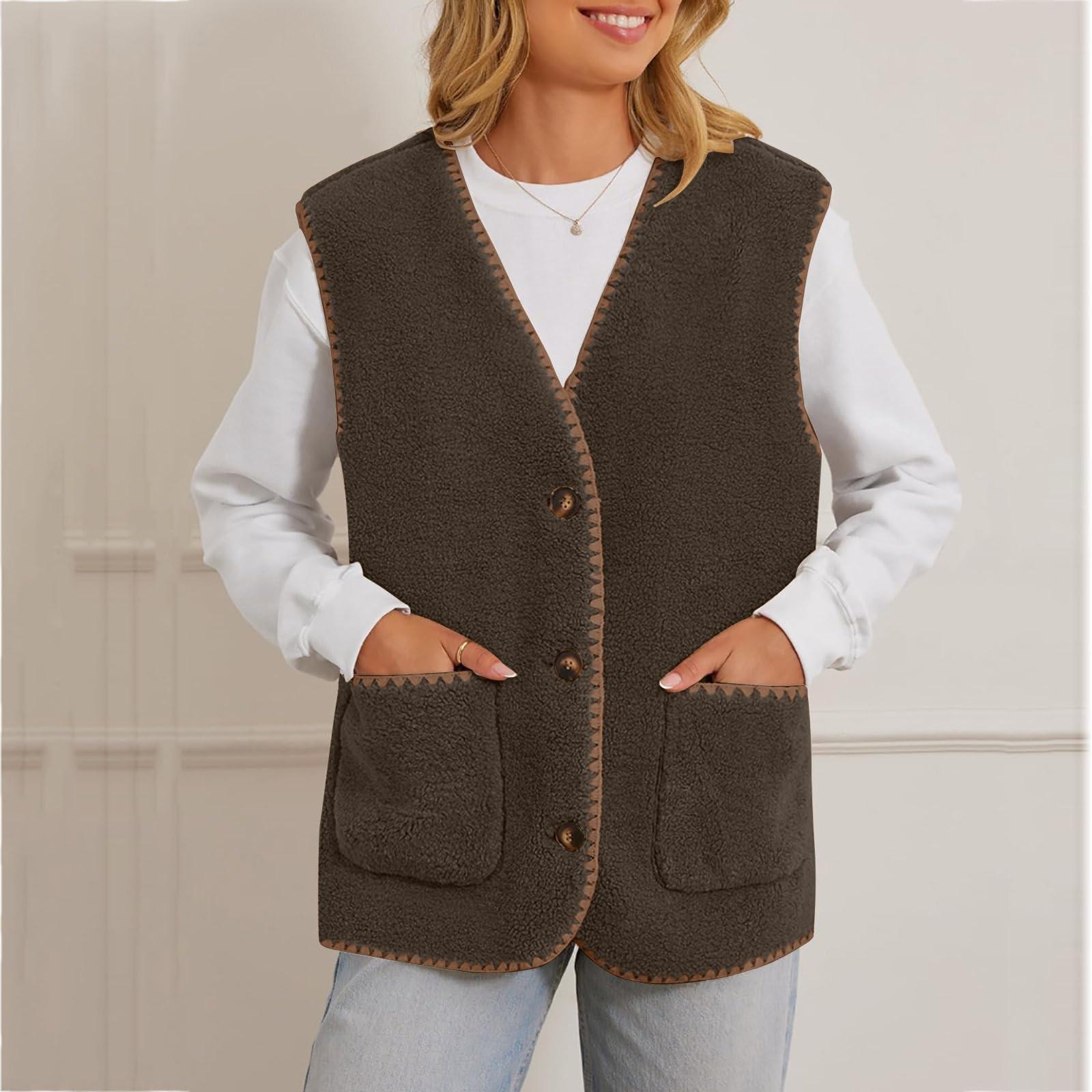 

Женская флисовая жилетка без рукавов, цветная куртка с пуговицами, верхняя одежда с карманами XXL кофейный