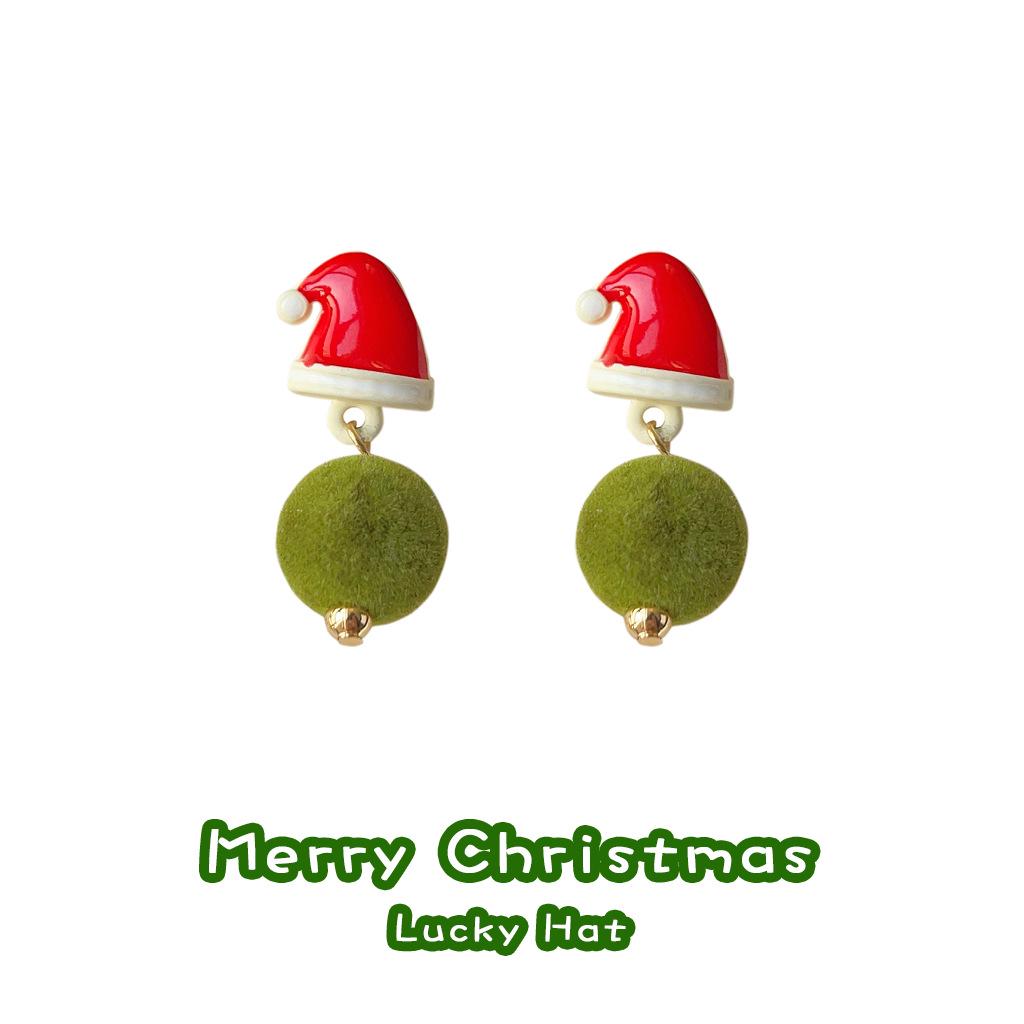 Festive Green Pompon & Red Hat Earrings for Women - Creative Holiday Design
