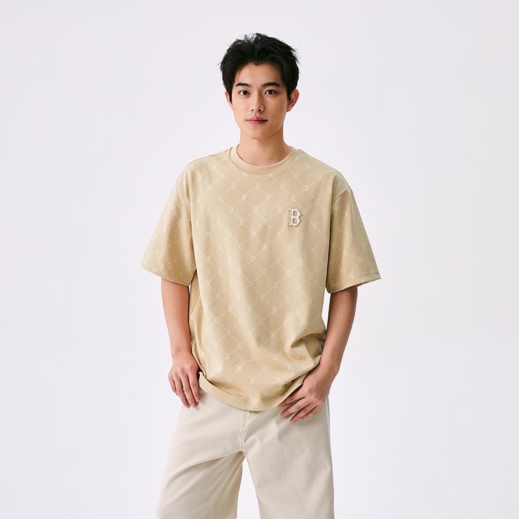 New MLB MONOGRAM Collection Boston Red Sox SS25 T Shirt Unisex Light Beige 3ATSM0153-43BGL